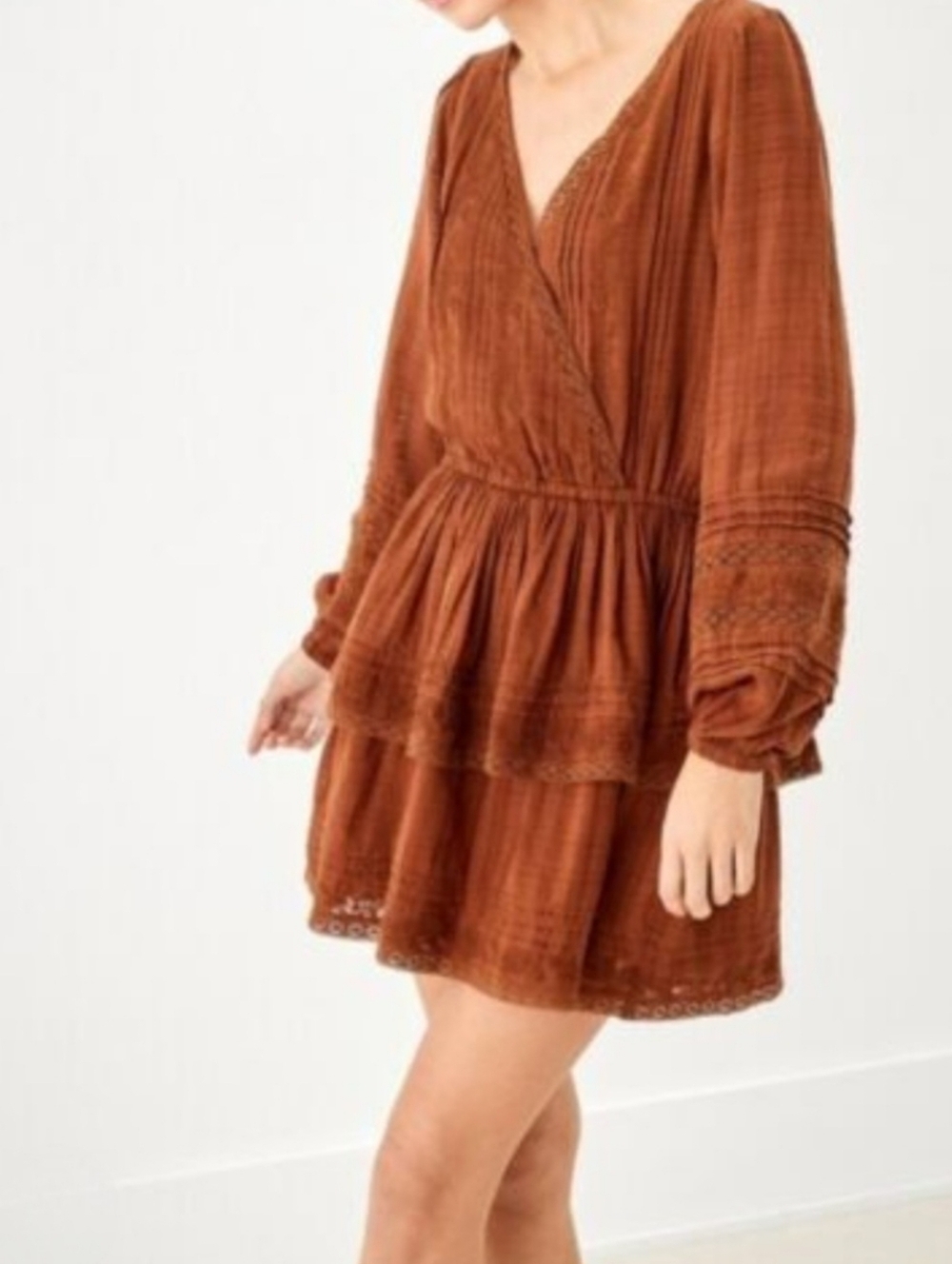 American Eagle BROWN Women's Long-Sleeve Embroidered Wrap Front Mini Dress - Picture 1 of 6